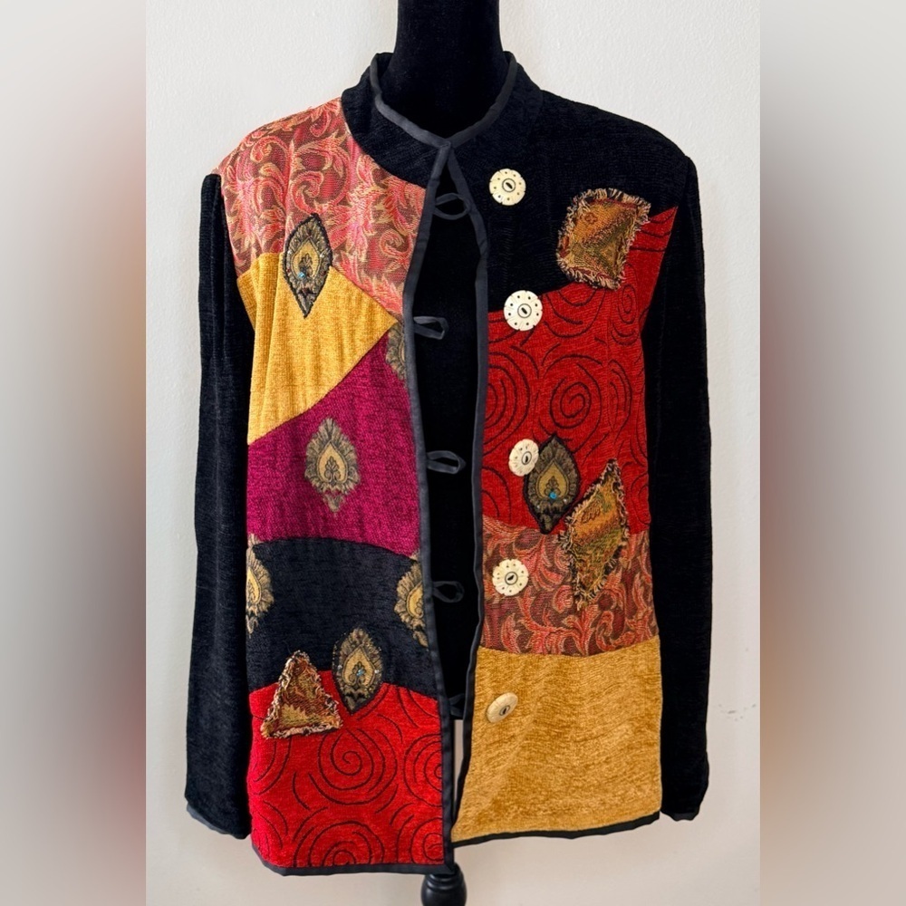 Vintage Black Chenille tapestry patchwork Jacket beaded leaves carved buttons XL - Picture 8 of 11